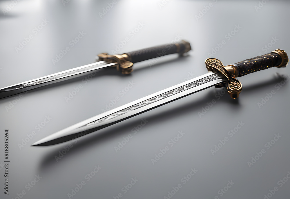 A close-up view of a beautifully crafted sword with a shiny blade and ornate hilt. The sword is positioned on a smooth, reflective surface, highlighting its details and craftsmanship. A close-up view of a beautifully crafted sword with a shiny blade and ornate hilt. The sword is positioned on a smooth, reflective surface, highlighting its details and craftsmanship.