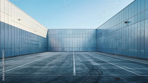 Large empty parking lot bordered by long aluminum clad walls Background and texture Copy space : Generative AI