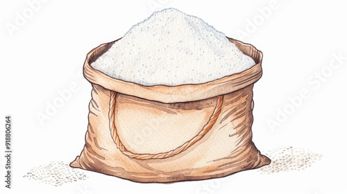 A charming handdrawn watercolor of a paper bag filled with pure white flour, perfect for culinarythemed projects. photo