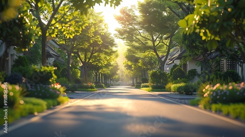 Empty street at the nice and comfortable garden at the morning with lovely beautiful sky : Generative AI