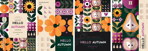 Bright posters on an autumn theme.Colorful geometric patterns for design.Template for print.Set of autumn illustrations.