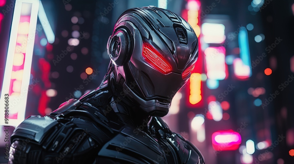 Futuristic Warrior with Glowing Red Eyes: A Stunning Chrome Armor Artwork Perfect for a High-Tech Sports Interior Poster Futuristic Warrior with Glowing Red Eyes: A Stunning Chrome Armor Artwork Perfect for a High-Tech Sports Interior Poster