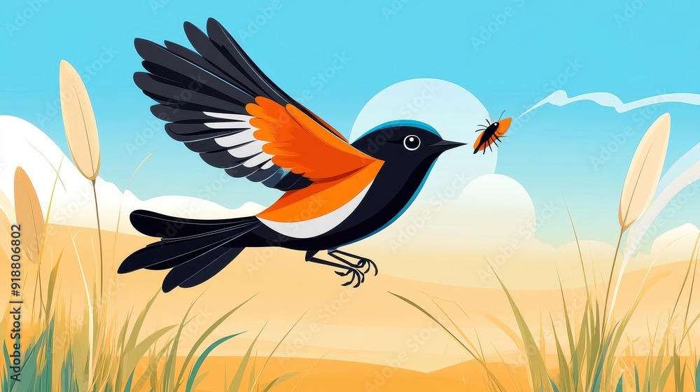 Fototapeta premium A male redstart swoops gracefully, skillfully snatching an insect meal in a vibrant cartoon landscape.