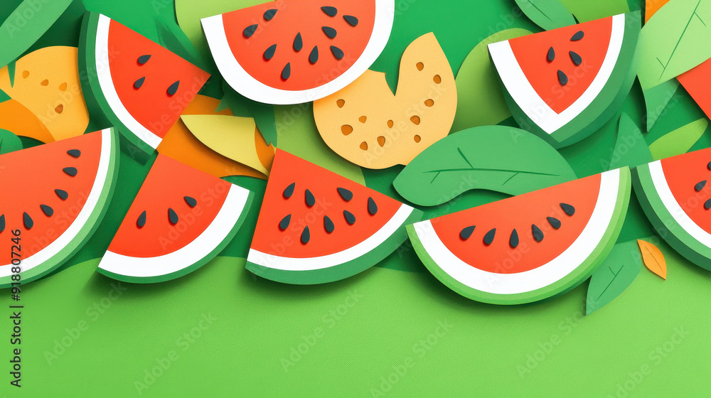 Lively paper watermelon slices resting on a vibrant green backdrop, showcasing a modern cartoon texture for a fresh feel. Lively paper watermelon slices resting on a vibrant green backdrop, showcasing a modern cartoon texture for a fresh feel.