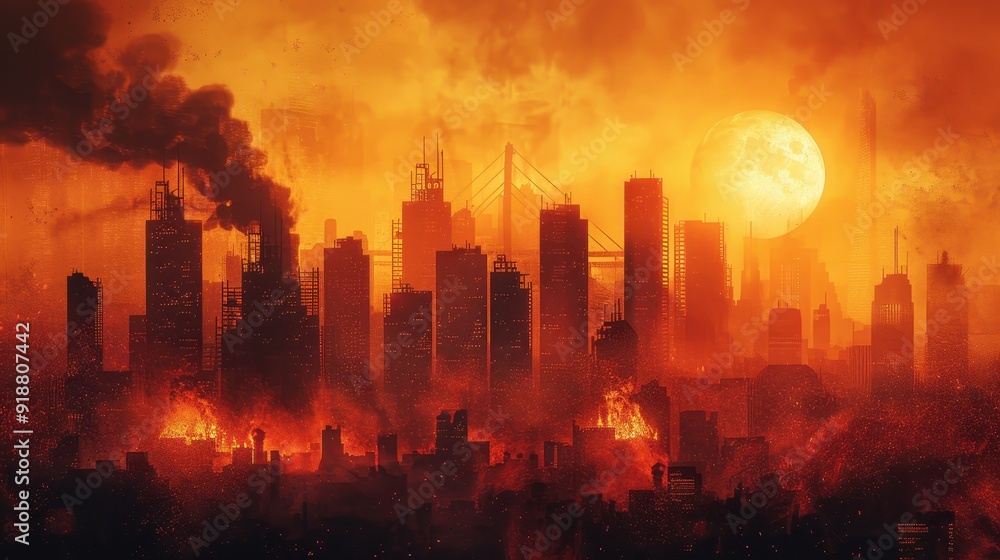 Dramatic depiction of a burning cityscape at sunset, showcasing destruction and intense colors against a smoky backdrop. Dramatic depiction of a burning cityscape at sunset, showcasing destruction and intense colors against a smoky backdrop.