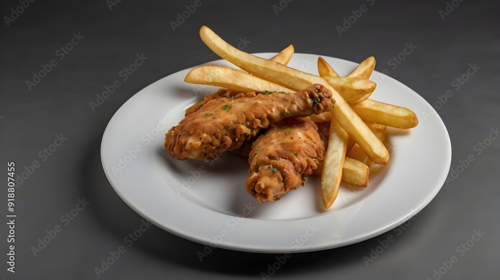 Chicken strips with French fries in a white plate Chicken strips with French fries in a white plate