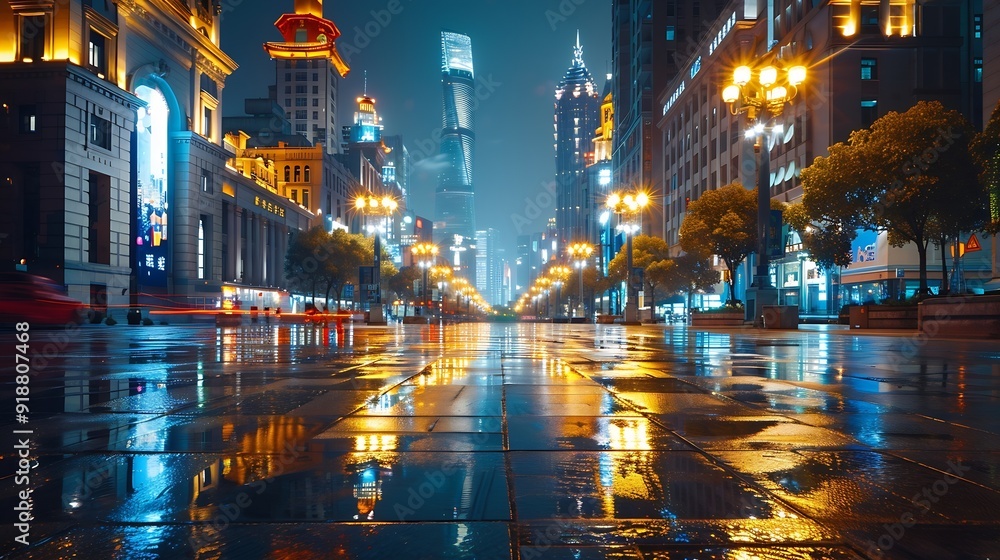 City square floor and modern commercial building scenery at night in Shanghai China Famous financial district buildings in Shanghai : Generative AI City square floor and modern commercial building scenery at night in Shanghai China Famous financial district buildings in Shanghai : Generative AI