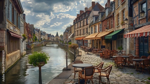 Amiens old town SaintLeu quarter embankment promenade of Somme river street restaurants and cafe typical houses stone bridge in historical city centre France landmarks HautsdeFrance Re : Generative AI photo