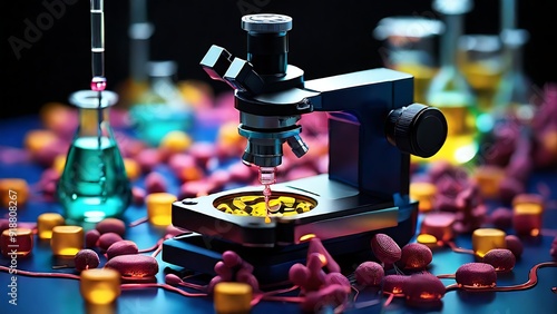 Microscope, beaker, yellow liquid, pink, blue, scientific, laboratory, objects. Suitable for sciencerelated designs, educational materials, and scientific presentations. Analyze and experiment photo