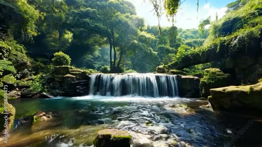 Serene, remote waterfall cascading into a crystal-clear pool, surrounded by lush greenery