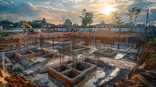 Construction site with concrete foundation and drainage system being installed for new building structure Ground excavation and site preparation are visible in the development project : Generative AI photo