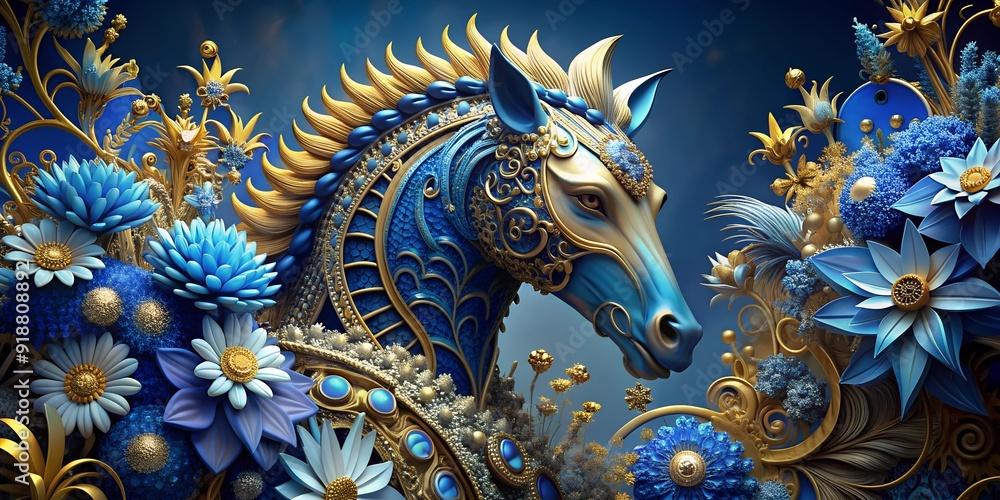 A Blue Stallion Adorned in Ornate Gold A Blue Stallion Adorned in Ornate Gold