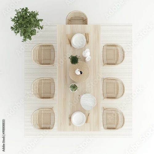 Top down view, 3D Render of a Scandinavian dining room with a light wood table, floor plan, on isolated white background