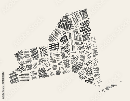 New York Word Cloud. State with counties division. New York typographic text clouds vector image design. Vintage gazette style state shape image. Vibrant vector illustration.