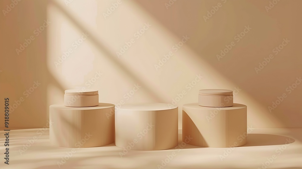 Three beige light podium for cosmetic product presentation : Generative AI Three beige light podium for cosmetic product presentation : Generative AI