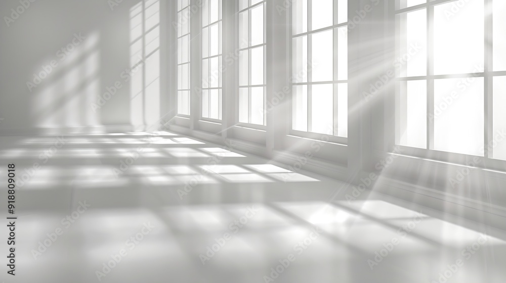 Obraz premium Abstract White Studio Background for Product Presentation with Window Shadows and Sunlight Blurred Backdrop Empty Room With Copy Space : Generative AI