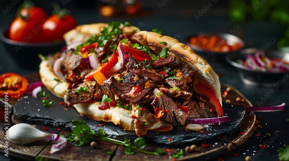 Hot freshly made grilled beef or chicken shawarma doner sandwich with vibrant spices and toppings ready to be served and consumed Hot freshly made grilled beef or chicken shawarma doner sandwich with vibrant spices and toppings ready to be served and consumed