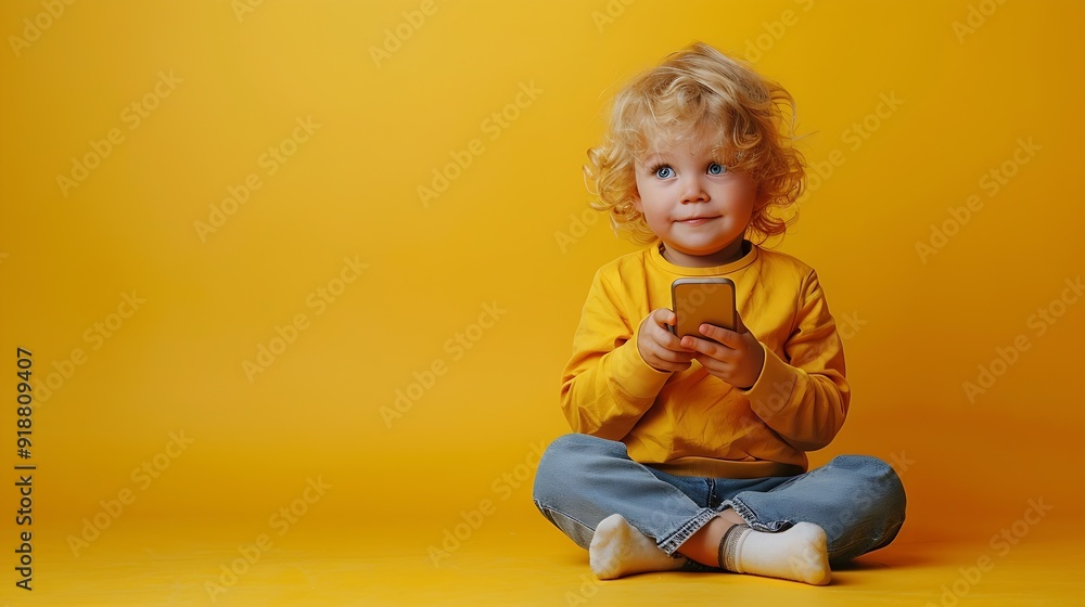 Horizontal photo of little handsome kid with blonde hair in casual clothes looking away while sitting with crossed legs on studio floor holding smartphone isolated over yellow backgrou : Generative AI Horizontal photo of little handsome kid with blonde hair in casual clothes looking away while sitting with crossed legs on studio floor holding smartphone isolated over yellow backgrou : Generative AI