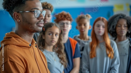 A diverse group of young people stand together on a blue floor as a male teacher instructs them in a bright classroom setting : Generative AI