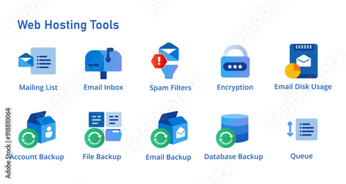 Icon set collection of mail inbox encryption and filter backup database file and full account disk usage web hosting tools collection