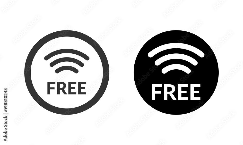 Two wi-fi black round icons. Free wireless zone outline circle symbol. Public wifi area solid sign. Two wi-fi black round icons. Free wireless zone outline circle symbol. Public wifi area solid sign.