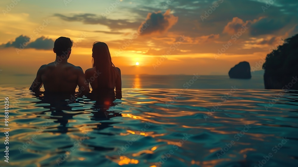 couple watching the sunset in an infinity pool on a luxury vacation in ...