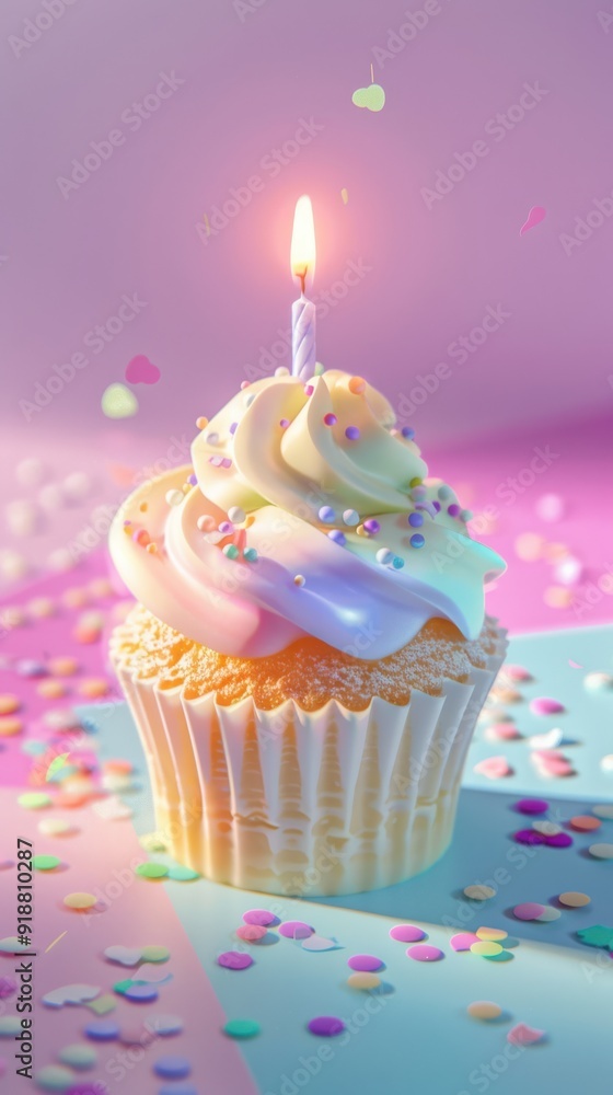 Festive Birthday Cupcake on Pastel Background Festive Birthday Cupcake on Pastel Background