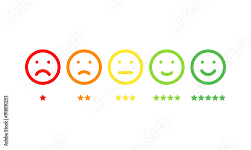 five different colors and moods smiles with stars, outline vector icons set