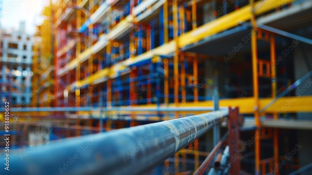 Construction building site with framework railing guard walkway on the ...