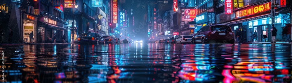 Obraz premium Vivid neon lights reflect on wet streets in a bustling cityscape, portraying an energetic urban nightlife scene.