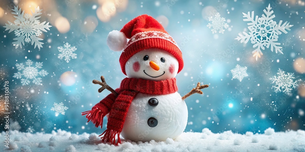 Cheerful snowman wearing a red scarf and Santa hat surrounded by winter celebration snowflakes , snowman, cheerful