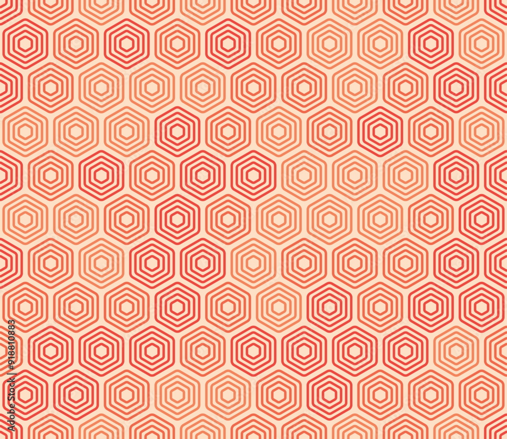 Fototapeta premium Hexagon vector pattern. Bold stacked rounded hexagons mosaic cells in red color tones. Hexagonal shapes. Seamless pattern. Tileable vector illustration.