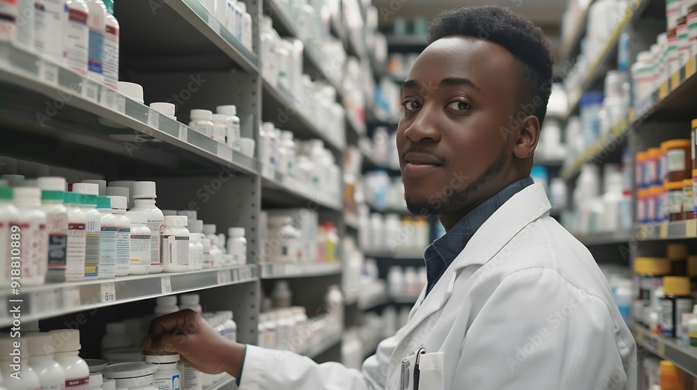 Young African American pharmacist checking medicine supplies while working in a pharmacy Copy space : Generative AI Young African American pharmacist checking medicine supplies while working in a pharmacy Copy space : Generative AI