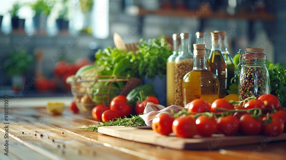 Different products on wooden table in kitchen Healthy food and balanced diet : Generative AI Different products on wooden table in kitchen Healthy food and balanced diet : Generative AI
