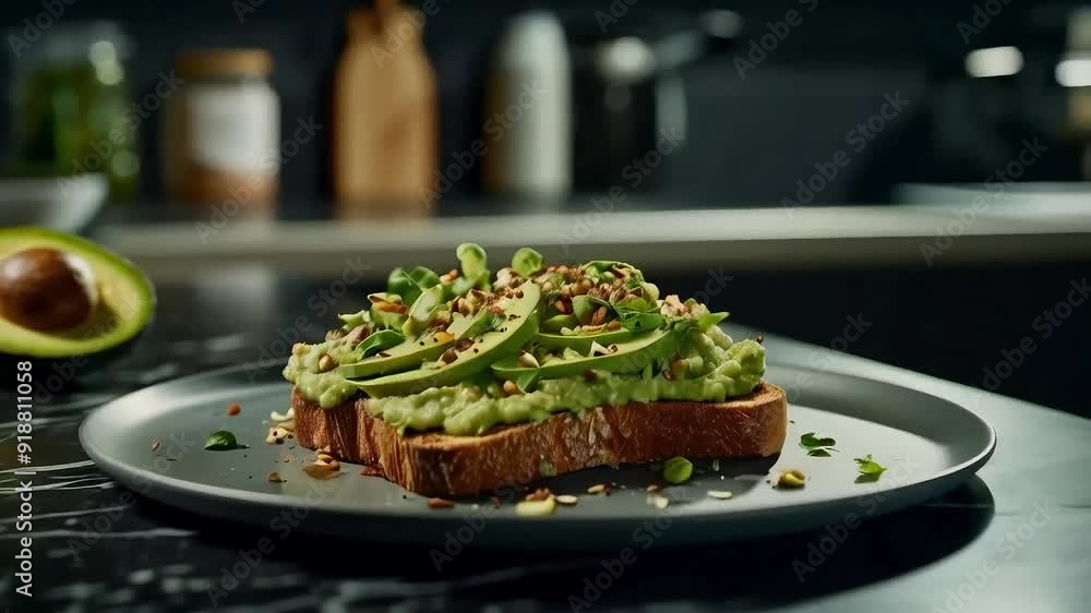 Avocado Toast with Crunchy Seeds and Creamy Avocado Slices in Modern Kitchen Avocado Toast with Crunchy Seeds and Creamy Avocado Slices in Modern Kitchen