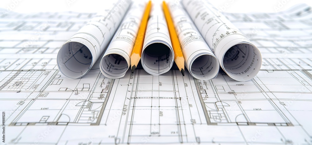 Close up of architectural blueprints with yellow pencils. Architectural design, construction, engineering, planning concept. Close up of architectural blueprints with yellow pencils. Architectural design, construction, engineering, planning concept.