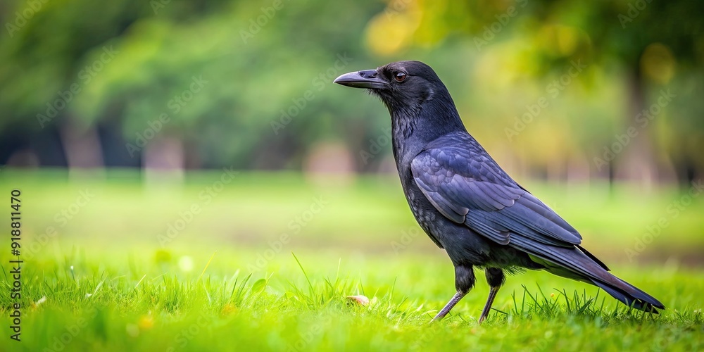 Naklejka premium Telephoto shot of a black crow perched on grass in a park, looking back behind, crow, bird, black, wildlife, nature