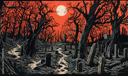 Eerie graveyard under blood moon