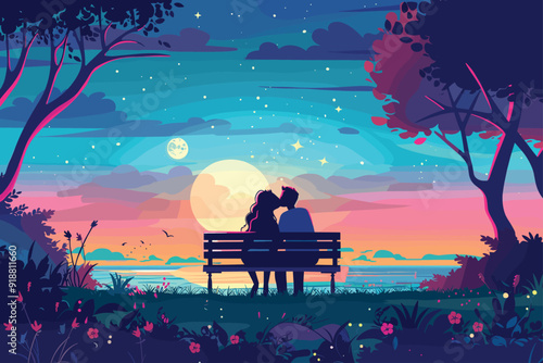 Couple siting on bench in park romantic scenery cartoon vector illustration style. Young Vintage Couple in Love. First date concept. 
