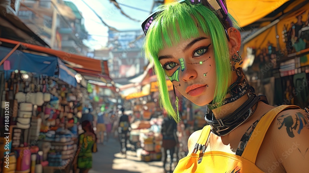 Obraz premium Vibrant Retro-Futuristic Character with Neon Green Hair in Lively Market Scene: Perfect for Sporty Interior Poster or Trendy Artwork Display!