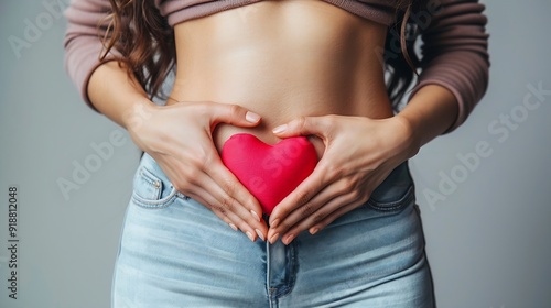 Wallpaper Mural Woman heart hands and stomach for care in studio with gut health in digestion mock up on white background Female person gesture or abdomen for wellness of body diet and nutrition by ba : Generative AI Torontodigital.ca