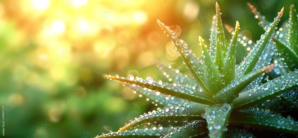 Fototapeta premium Close up of a dewy aloe vera plant in the morning sunlight. The plant's leaves are glistening with water droplets, and the sun shines through the leaves, creating a beautiful glow.