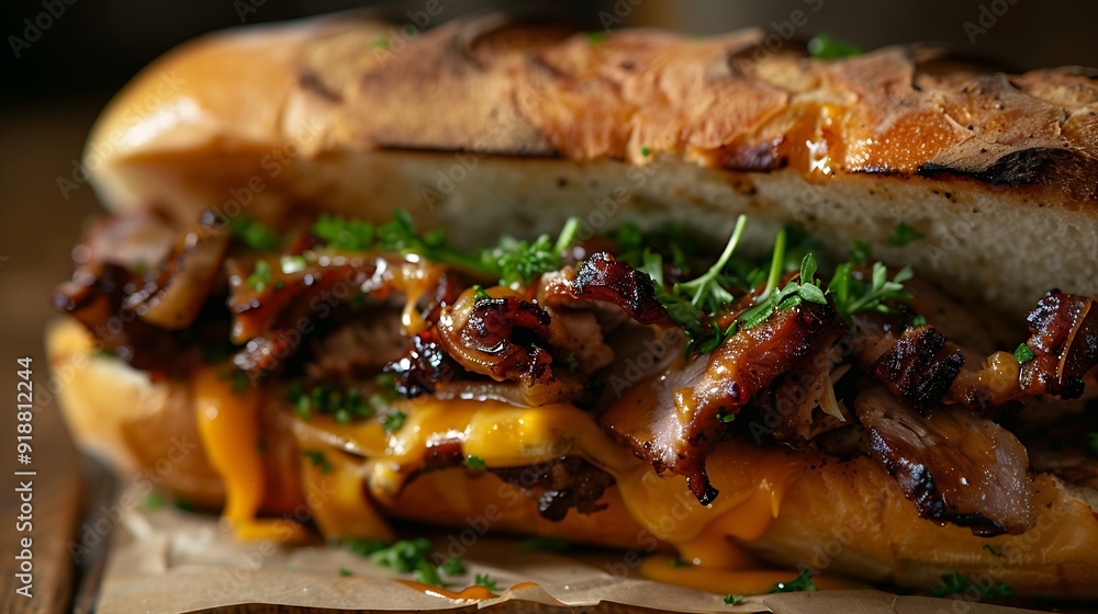 closeup of pork sandwich with cheese and green shoots : Generative AI closeup of pork sandwich with cheese and green shoots : Generative AI