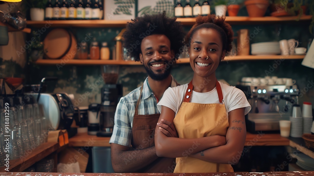 Multiethnic barista couple arm crossed smile looking camera happy startup cafe small business entrepreneur young retail business owner working in coffee shop restaurant standing in fro : Generative AI Multiethnic barista couple arm crossed smile looking camera happy startup cafe small business entrepreneur young retail business owner working in coffee shop restaurant standing in fro : Generative AI