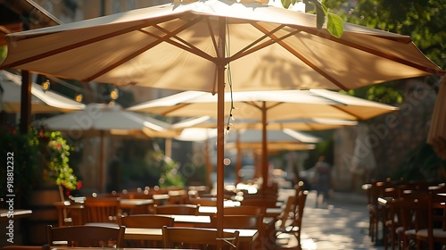 Large sun umbrellas in a street restaurant on a sunny day : Generative AI