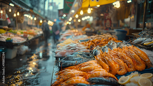  A wet street lined with various seafood displays, showcasing fresh catches and vibrant colours under a cloudy sky.
