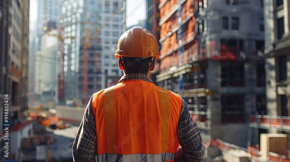 Construction site manager standing wearing safety vest and helmet thinking at construction site Young architect watching construction site with confidence : Generative AI Construction site manager standing wearing safety vest and helmet thinking at construction site Young architect watching construction site with confidence : Generative AI