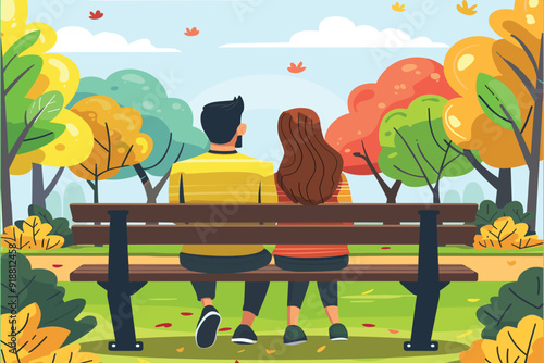 Wallpaper Mural Couple siting on bench in park romantic scenery cartoon vector illustration style. Young Vintage Couple in Love. First date concept.  Torontodigital.ca