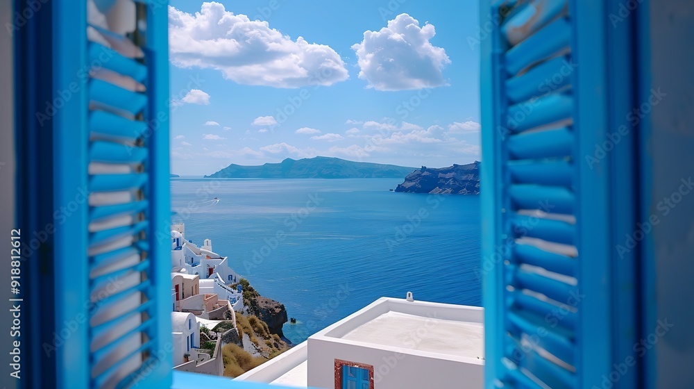 Naklejka premium View from an open window with blue shutters of the Aegean sea caldera coastline and whitewashed town of Oia Santorini Greece : Generative AI