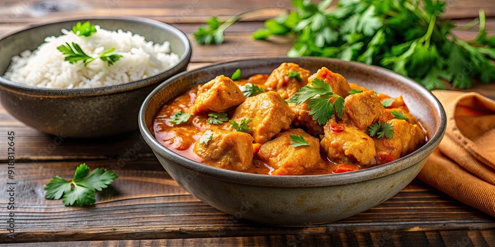 Hot chicken curry with parsley on top in dark bowl with rice , spicy, flavorful, Asian cuisine, tasty Hot chicken curry with parsley on top in dark bowl with rice , spicy, flavorful, Asian cuisine, tasty